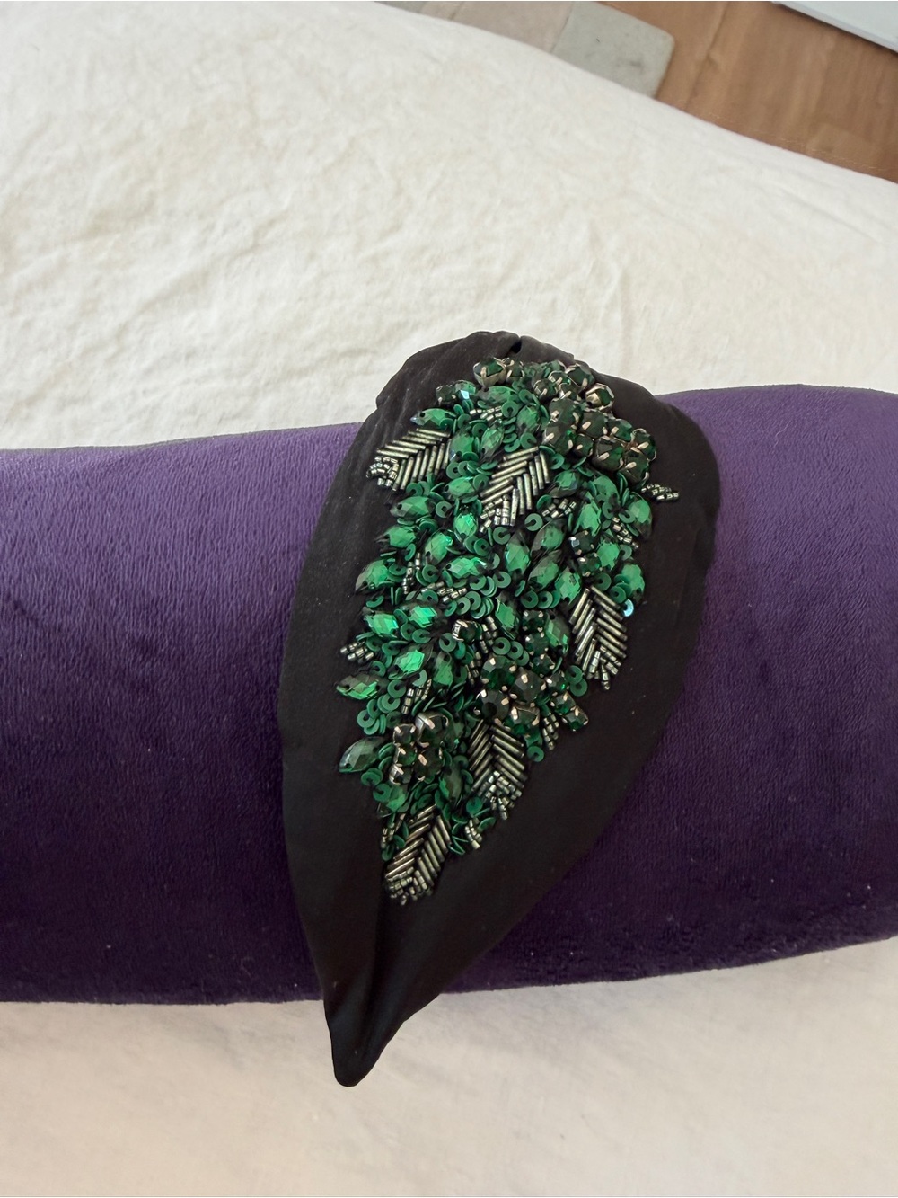 NAMJOSH Black Embellished Headband Green Crystal Beaded Floral Anthropologie